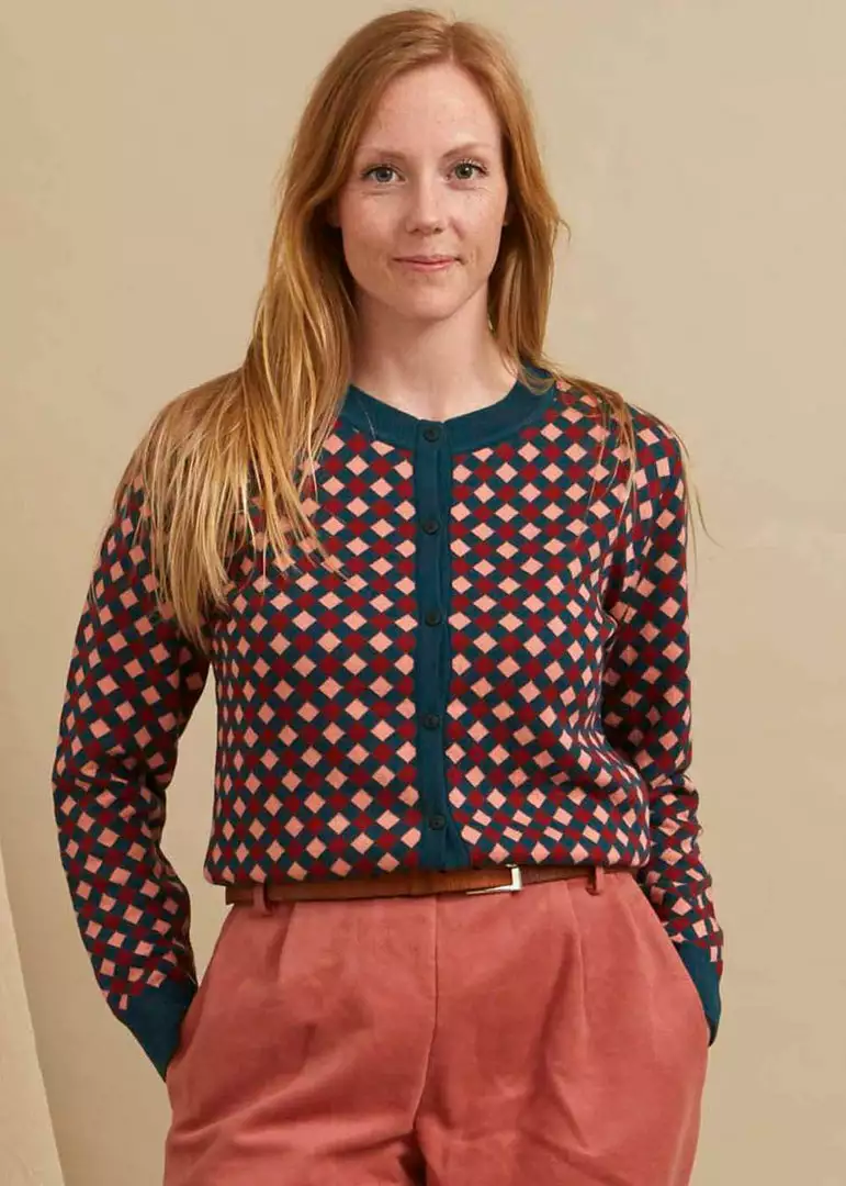 New In Palava Vera Chequerboard 60's Cardigan Teal Blush 4 New In Palava Vera Chequerboard 60's Cardigan Teal Blush