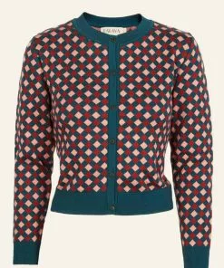 New In Palava Vera Chequerboard 60's Cardigan Teal Blush