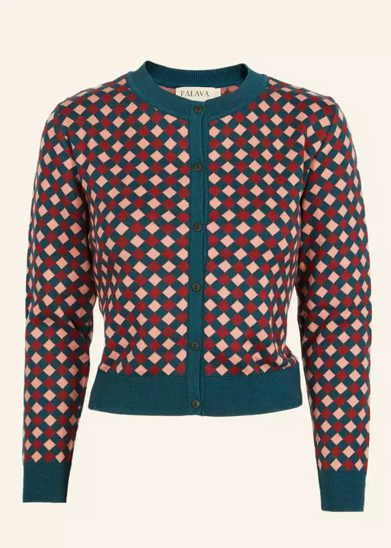 New In Palava Vera Chequerboard 60's Cardigan Teal Blush 3 New In Palava Vera Chequerboard 60's Cardigan Teal Blush