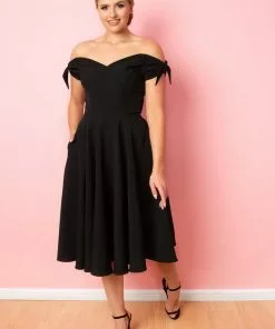 Pretty Dress Company Fatale Bow 50's Midi Swing Dress Black New In