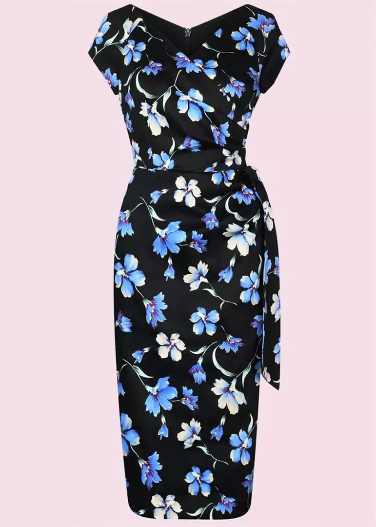 New In Pretty Dress Company Hourglass Verona 50's Pencil Dress Black Blue 3 New In Pretty Dress Company Hourglass Verona 50's Pencil Dress Black Blue