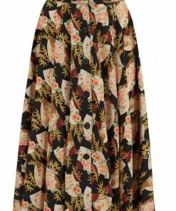 New In Rock N Romance Beverly Japanese Fan 50's Full Circle Swing Skirt Black