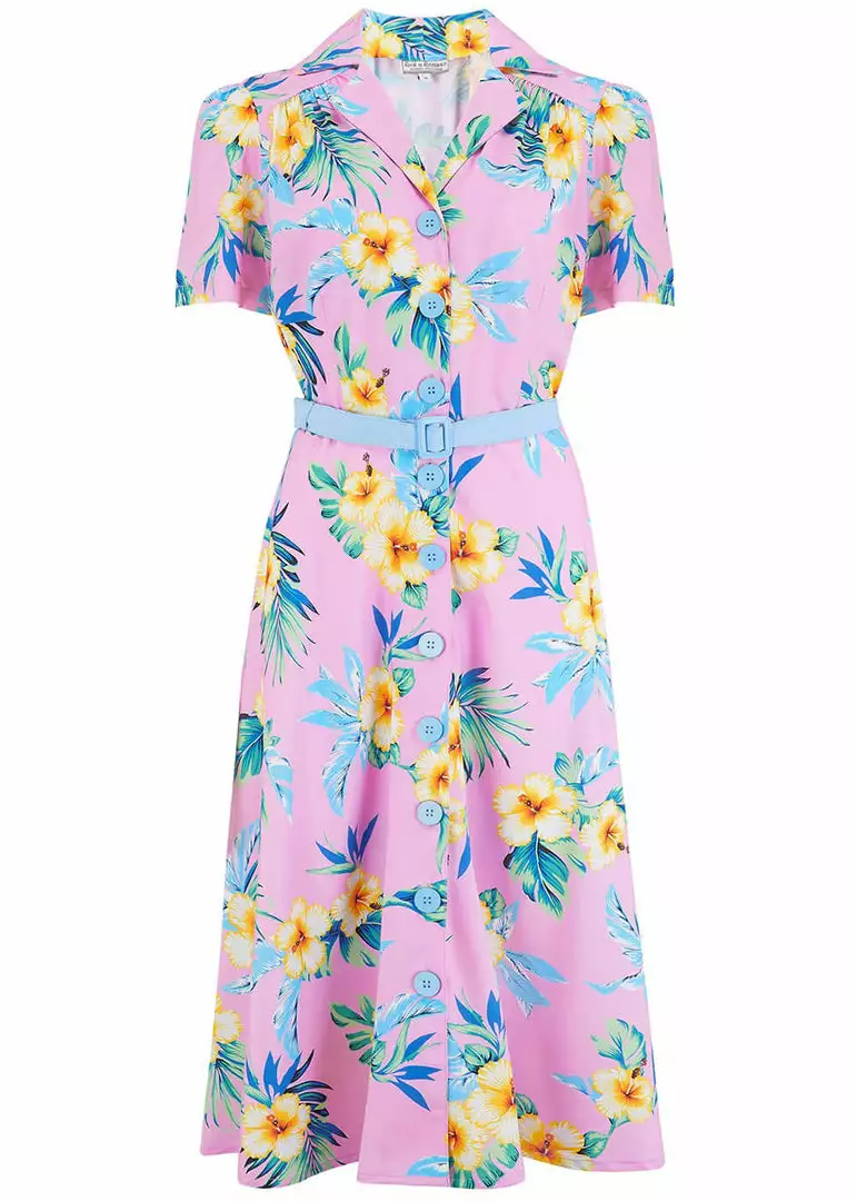 New In Rock N Romance Charlene Hawaiian 40's A-Line Dress Pink 3 New In Rock N Romance Charlene Hawaiian 40's A-Line Dress Pink