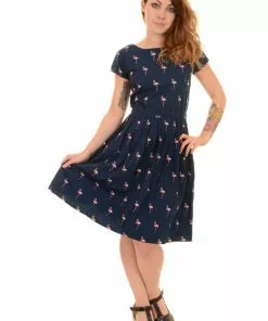 Run And Fly Flamingo Pose 50's Dress Navy New In 9 Run And Fly Flamingo Pose 50's Dress Navy New In