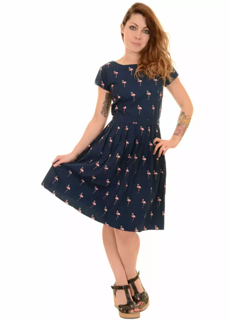 Run And Fly Flamingo Pose 50's Dress Navy New In 6 Run And Fly Flamingo Pose 50's Dress Navy New In