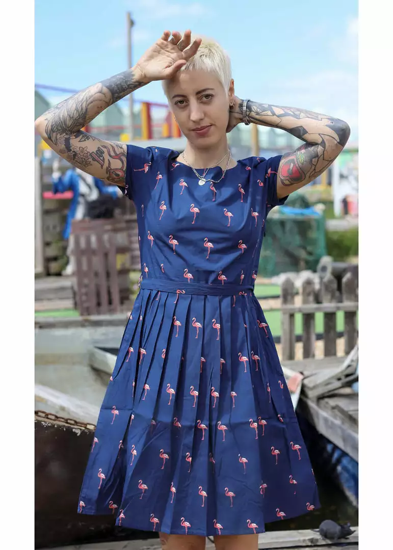 Run And Fly Flamingo Pose 50's Dress Navy New In 3 Run And Fly Flamingo Pose 50's Dress Navy New In