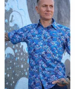 Run And Fly Run & Fly Mens Japanese Wave Shirt Blue New In