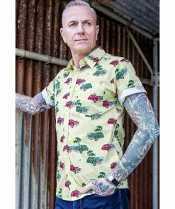 Run And Fly New In Run & Fly Mens Cuban Cars Shirt Yellow