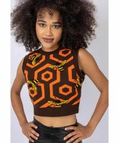 Run And Fly Run & Fly Honeycomb Bee Cropped Knitted 70's Tank Top Black New In