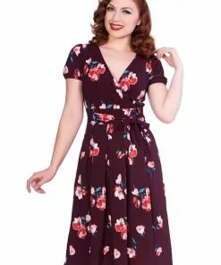 New In Sheen Tilly Floral 50's Swing Dress Burgundy
