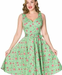 New In Sheen Freya Floral 50's Swing Dress Green
