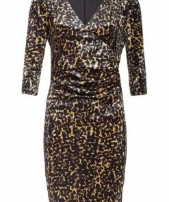 Smashed Lemon Soft Leopard Velvet 60's Pencil Dress Gold Black New In
