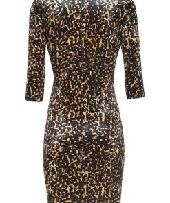 Smashed Lemon Soft Leopard Velvet 60's Pencil Dress Gold Black New In