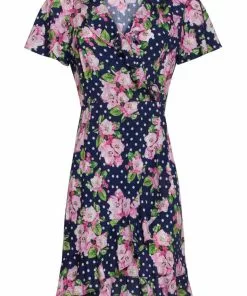 Smashed Lemon Dilly Dally Polkadot Flowers 60's A-Line Dress Navy Pink New In