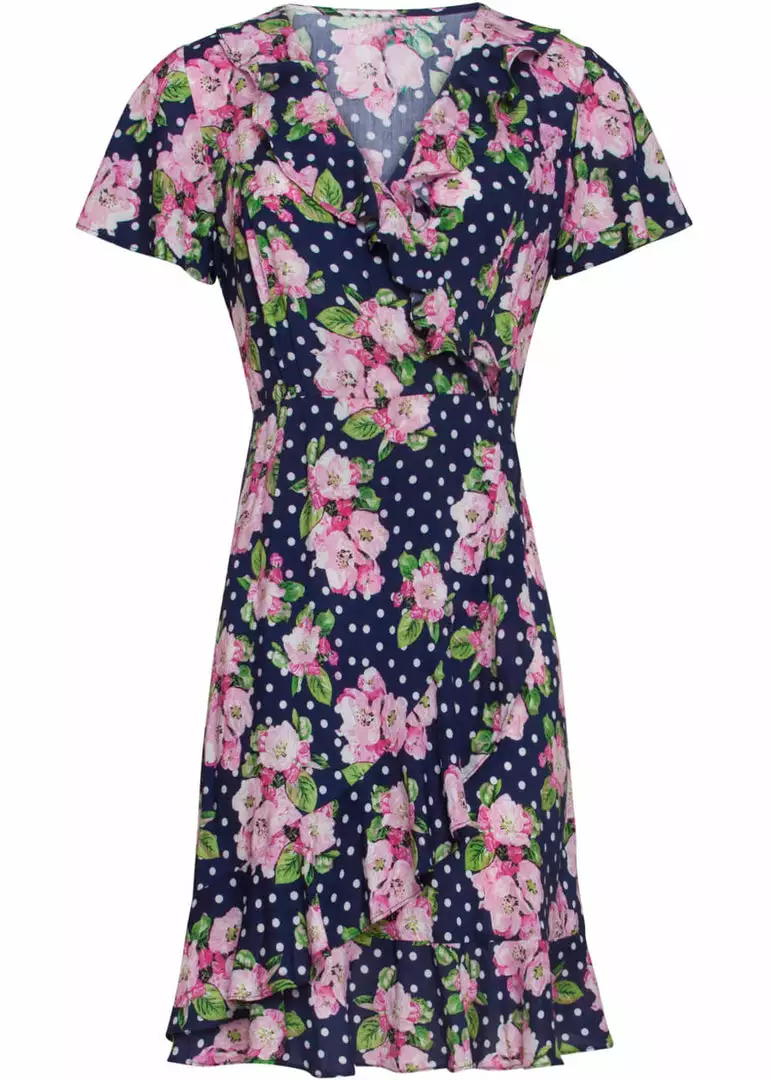 Smashed Lemon Dilly Dally Polkadot Flowers 60's A-Line Dress Navy Pink New In 3 Smashed Lemon Dilly Dally Polkadot Flowers 60's A-Line Dress Navy Pink New In