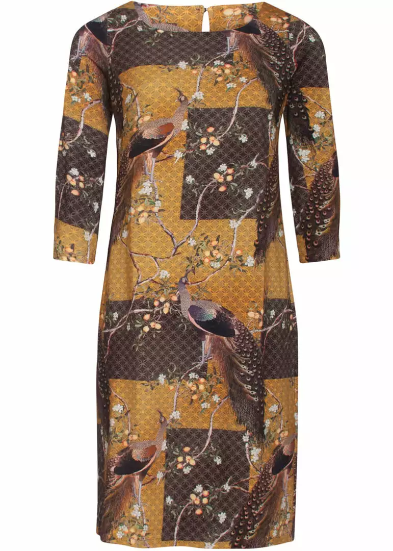 New In Smashed Lemon Chinoiserie Peacock 60's Pencil Dress Mustard 4 New In Smashed Lemon Chinoiserie Peacock 60's Pencil Dress Mustard