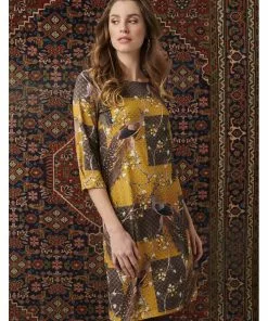New In Smashed Lemon Chinoiserie Peacock 60's Pencil Dress Mustard