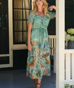 Smashed Lemon Giraffe Safari 70's Maxi Dress Green