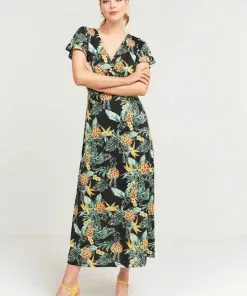 New In Smashed Lemon Dotted Pineapple 70's Maxi Dress Black