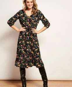 Smashed Lemon Forest Deer 70's A-Line Dress Multi New In