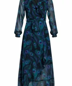 Smashed Lemon Peacock Stride 70's Maxi Dress Black Emerald