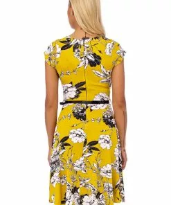 Succubus Serena Floral 50's Swing Dress Mustard 8 Succubus Serena Floral 50's Swing Dress Mustard