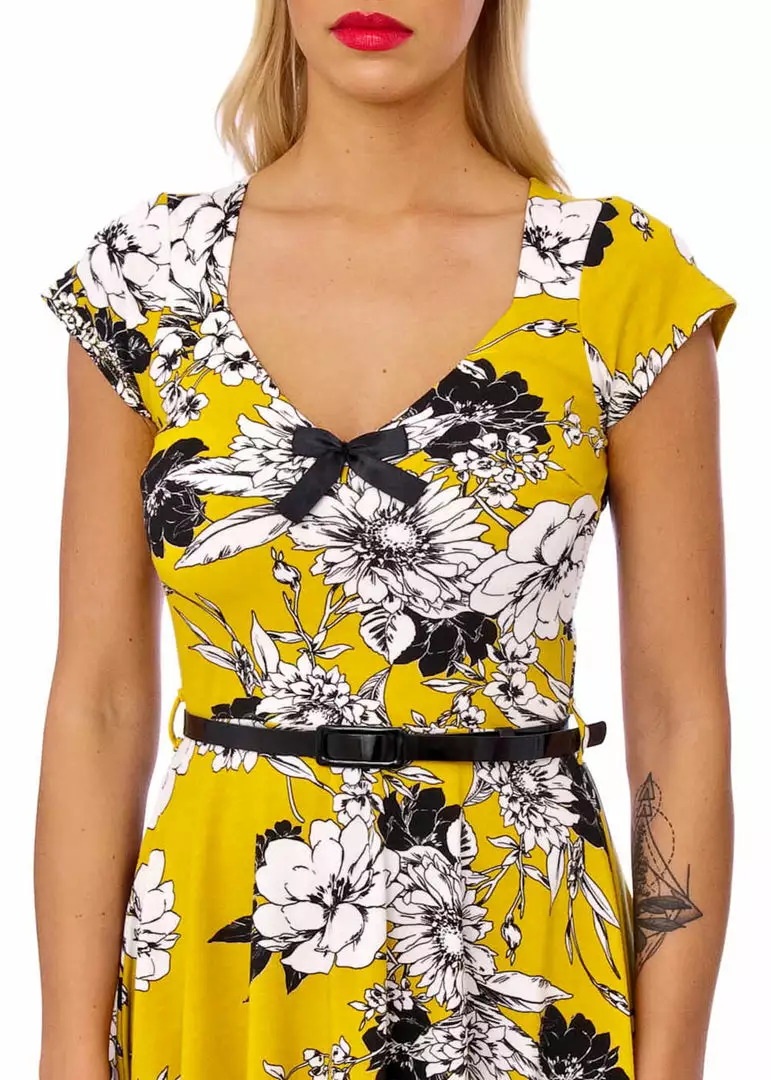 Succubus Serena Floral 50's Swing Dress Mustard 4 Succubus Serena Floral 50's Swing Dress Mustard