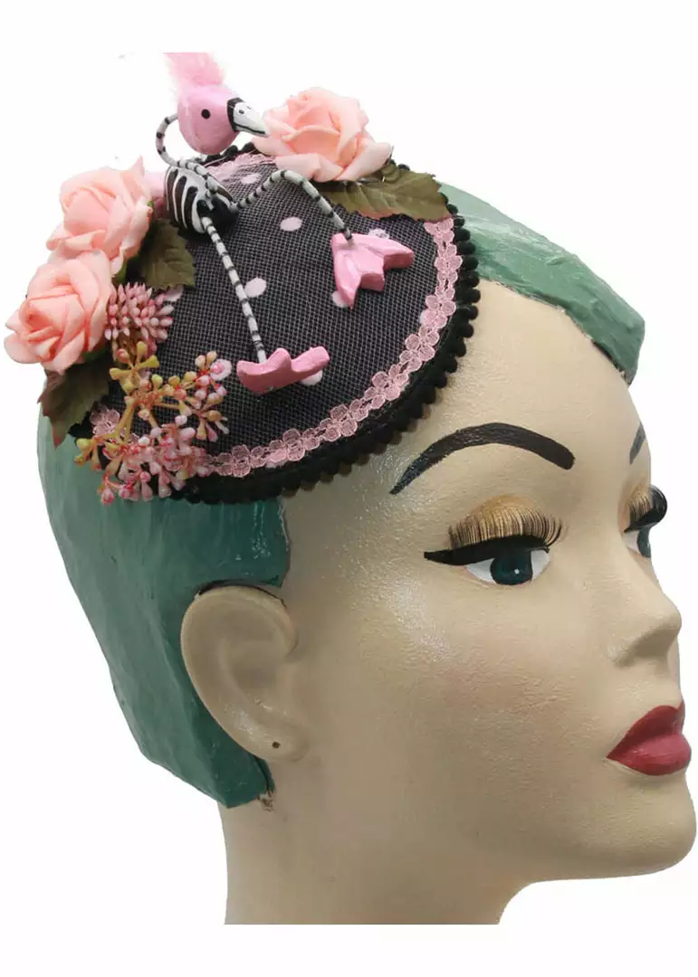 Succubus Fancy Fascinator With Flamingo Skeleton Black Pink 3 Succubus Fancy Fascinator With Flamingo Skeleton Black Pink