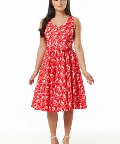 Sheen Timeless Rina Birds 50's Swing Dress Red New In