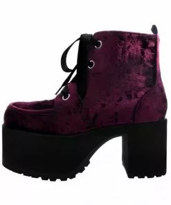 T.U.K Nosebleed Velvet Crush Platform Ankle Boots Burgundy