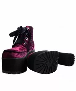 T.U.K Nosebleed Velvet Crush Platform Ankle Boots Burgundy