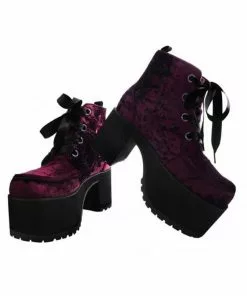 T.U.K Nosebleed Velvet Crush Platform Ankle Boots Burgundy