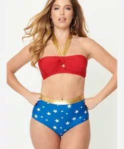 Unique Vintage X DC Comics Wonder Woman Bikini Haltertop Red Gold