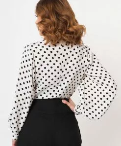 Unique Vintage Gwen Polka Dot 40's Blouse White Black New In 10 Unique Vintage Gwen Polka Dot 40's Blouse White Black New In