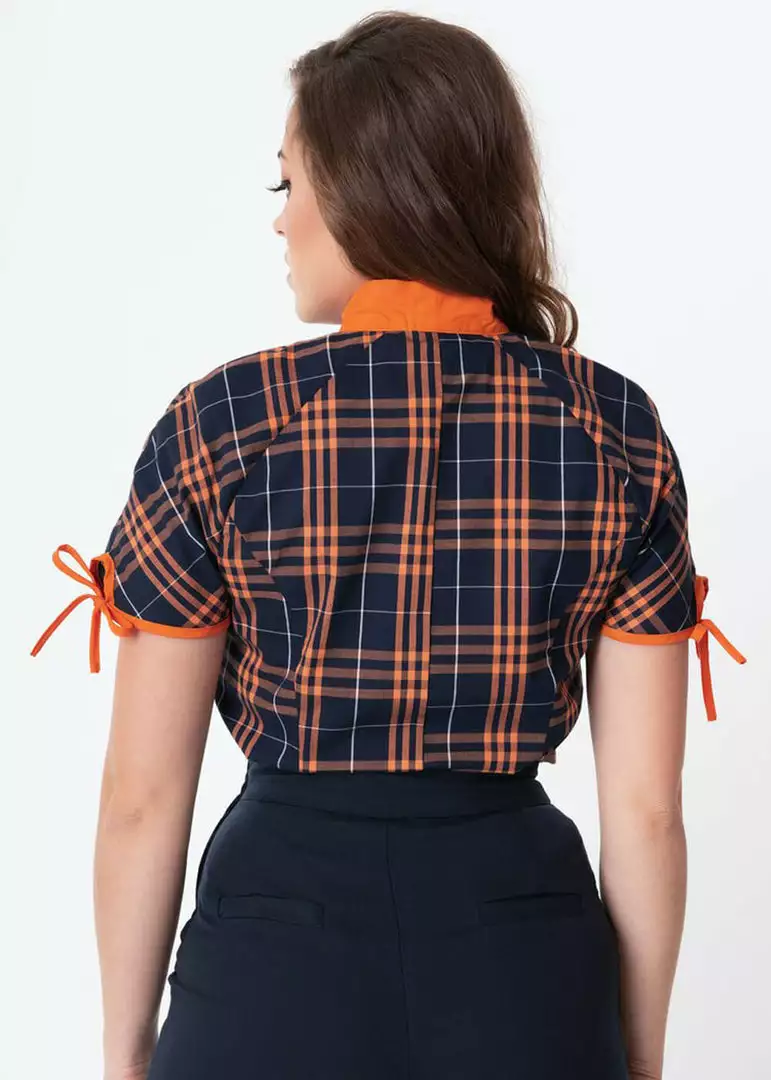 New In Unique Vintage Chita Plaid 40's Blouse Navy Orange 6 New In Unique Vintage Chita Plaid 40's Blouse Navy Orange
