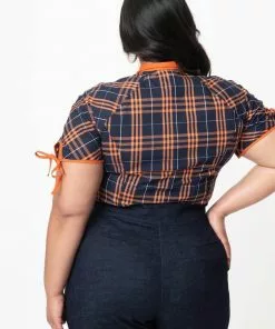 New In Unique Vintage Chita Plaid 40's Blouse Navy Orange 16 New In Unique Vintage Chita Plaid 40's Blouse Navy Orange