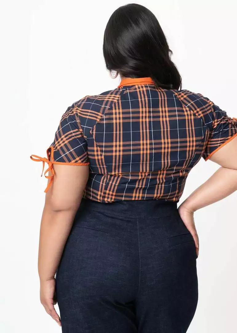 New In Unique Vintage Chita Plaid 40's Blouse Navy Orange 9 New In Unique Vintage Chita Plaid 40's Blouse Navy Orange