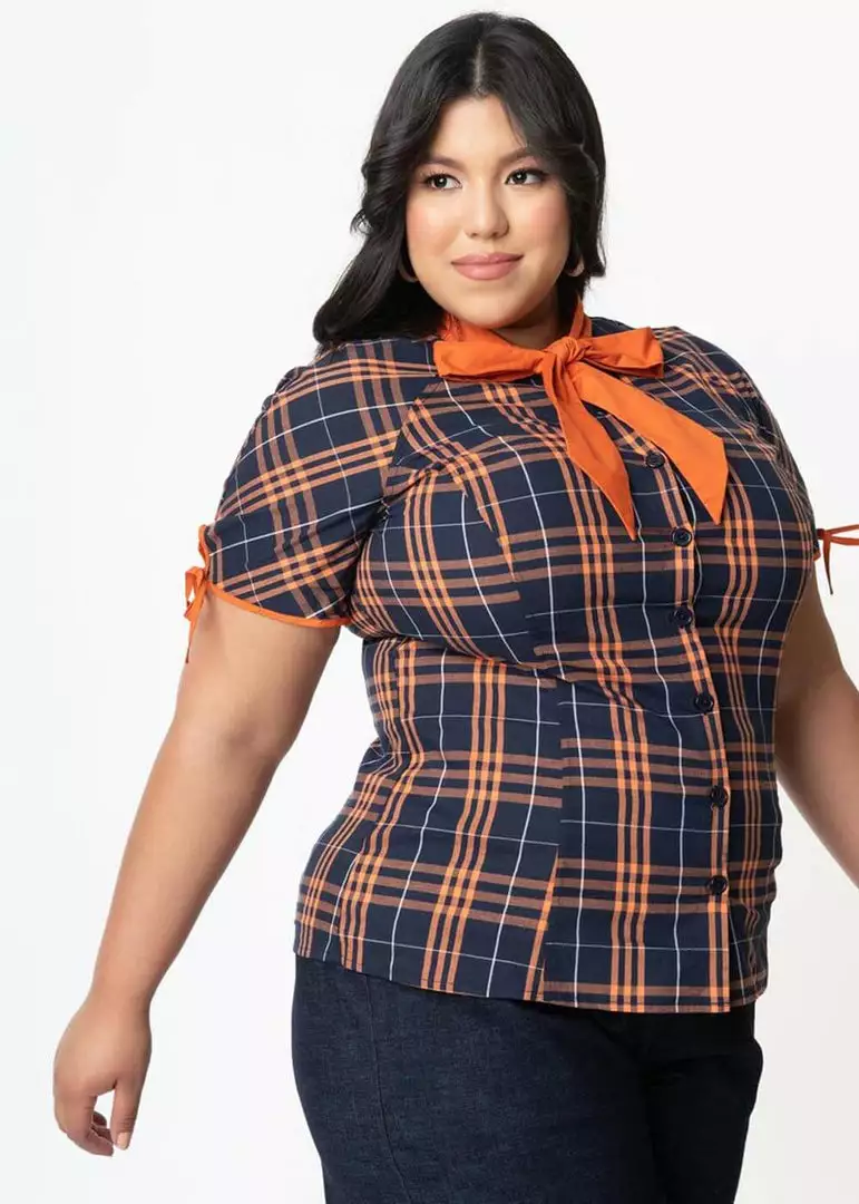 New In Unique Vintage Chita Plaid 40's Blouse Navy Orange 8 New In Unique Vintage Chita Plaid 40's Blouse Navy Orange