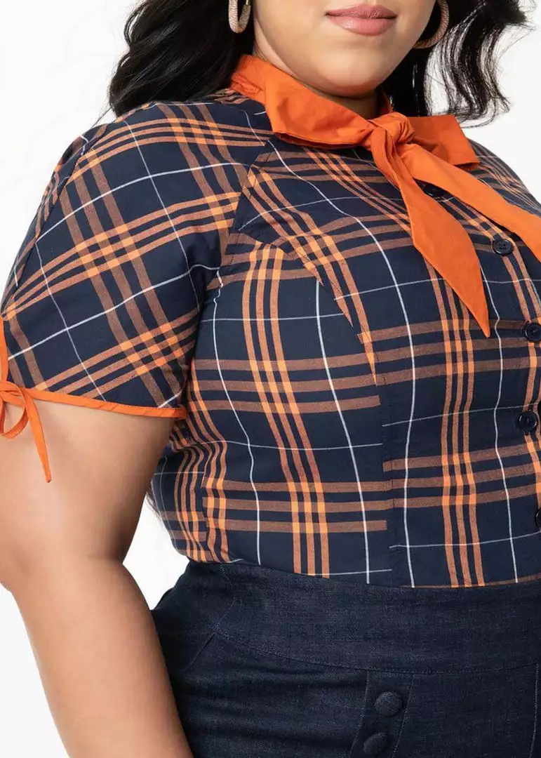 New In Unique Vintage Chita Plaid 40's Blouse Navy Orange 10 New In Unique Vintage Chita Plaid 40's Blouse Navy Orange