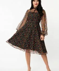 New In Unique Vintage Leota Rainbow Polkadots 60’s Dress Black