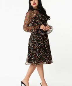 New In Unique Vintage Leota Rainbow Polkadots 60’s Dress Black