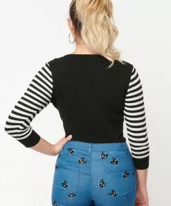 New In Unique Vintage Minou Cat Striped 60's Sweater Black White