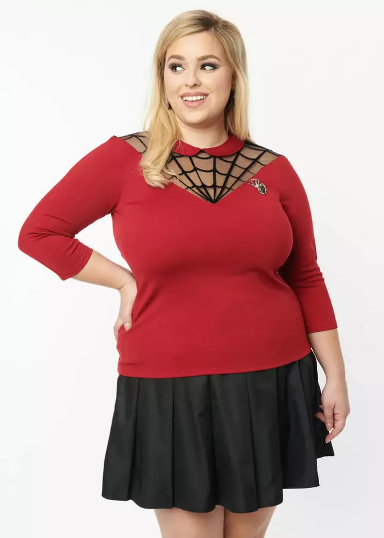 Unique Vintage Spiderweb Widow 50's Top Burgundy Red New In 3 Unique Vintage Spiderweb Widow 50's Top Burgundy Red New In