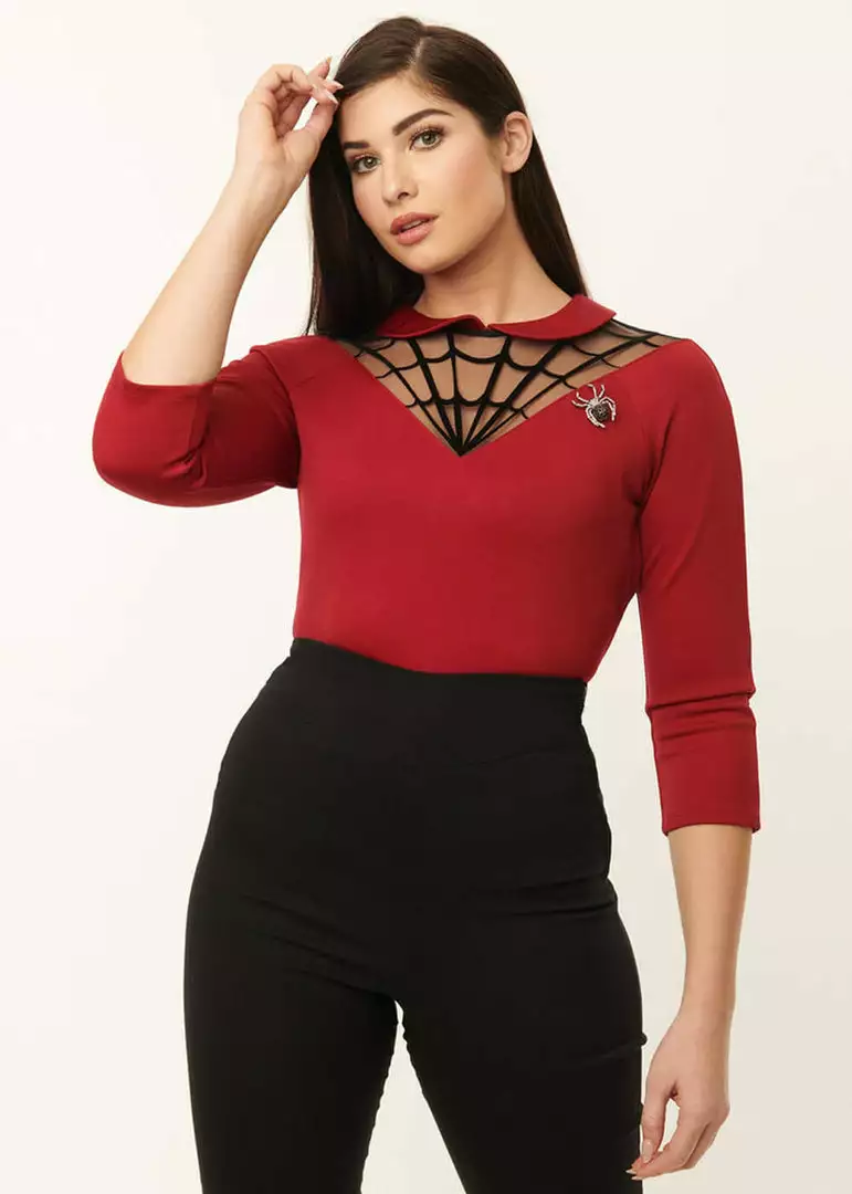 Unique Vintage Spiderweb Widow 50's Top Burgundy Red New In 10 Unique Vintage Spiderweb Widow 50's Top Burgundy Red New In