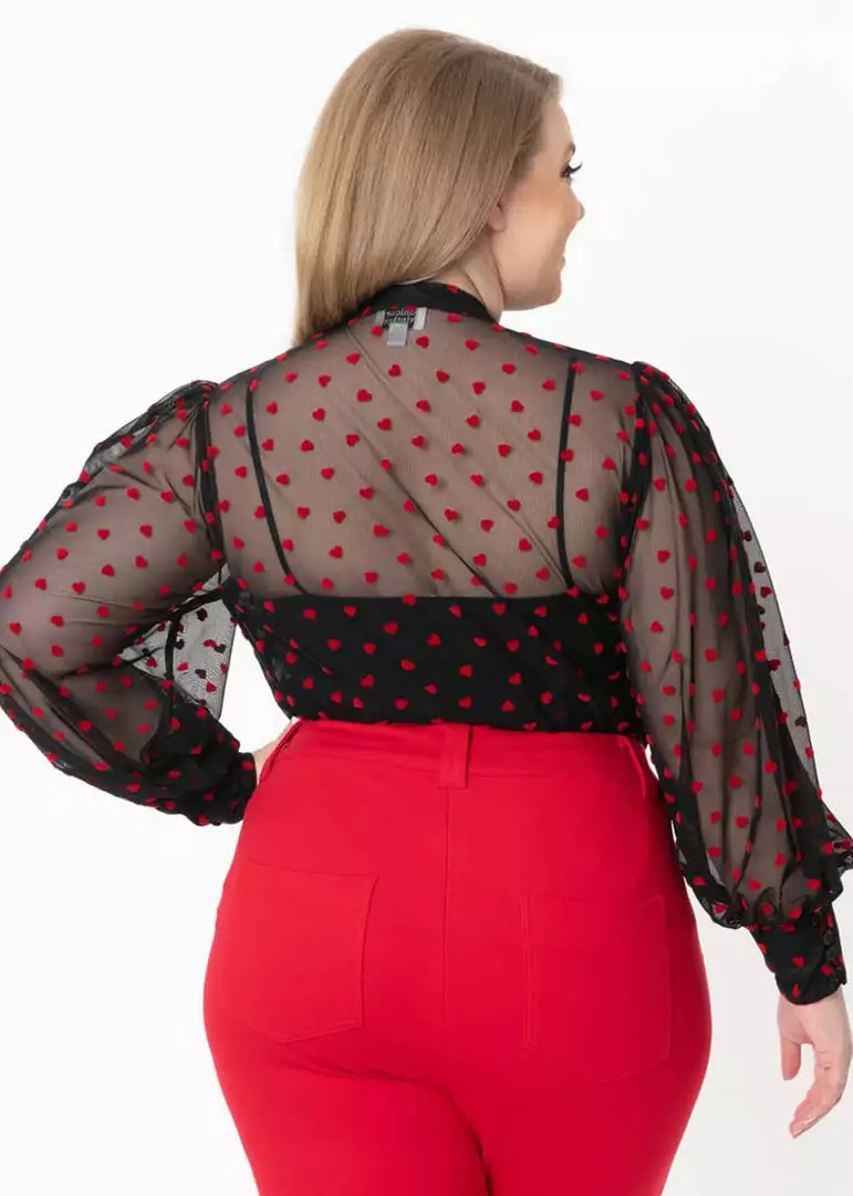 Unique Vintage Lena Hearts Swiss Dot 40's Blouse Black Red New In 8 Unique Vintage Lena Hearts Swiss Dot 40's Blouse Black Red New In