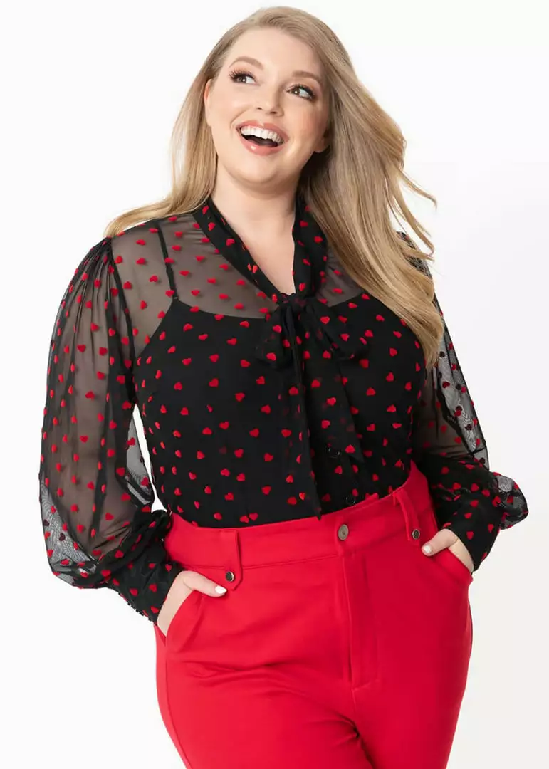 Unique Vintage Lena Hearts Swiss Dot 40's Blouse Black Red New In 5 Unique Vintage Lena Hearts Swiss Dot 40's Blouse Black Red New In