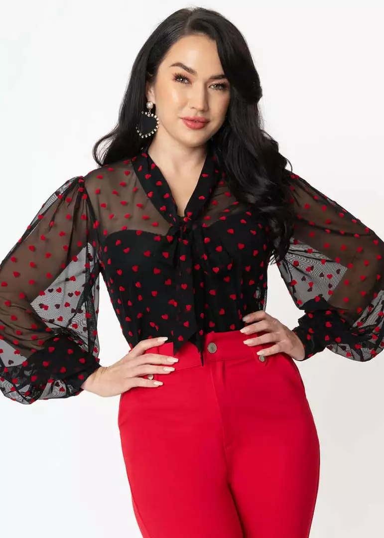 Unique Vintage Lena Hearts Swiss Dot 40's Blouse Black Red New In 3 Unique Vintage Lena Hearts Swiss Dot 40's Blouse Black Red New In