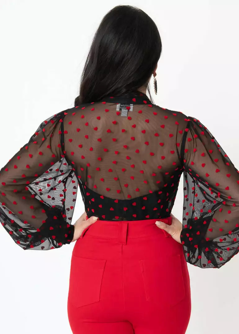 Unique Vintage Lena Hearts Swiss Dot 40's Blouse Black Red New In 9 Unique Vintage Lena Hearts Swiss Dot 40's Blouse Black Red New In