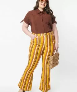 Unique Vintage Denim Stripe 70's Flare Trousers Orange Yellow New In