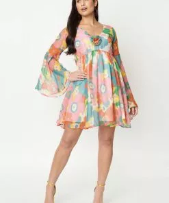 New In Unique Vintage X Barbie Oversized Floral 60's Babydoll Dress Multi